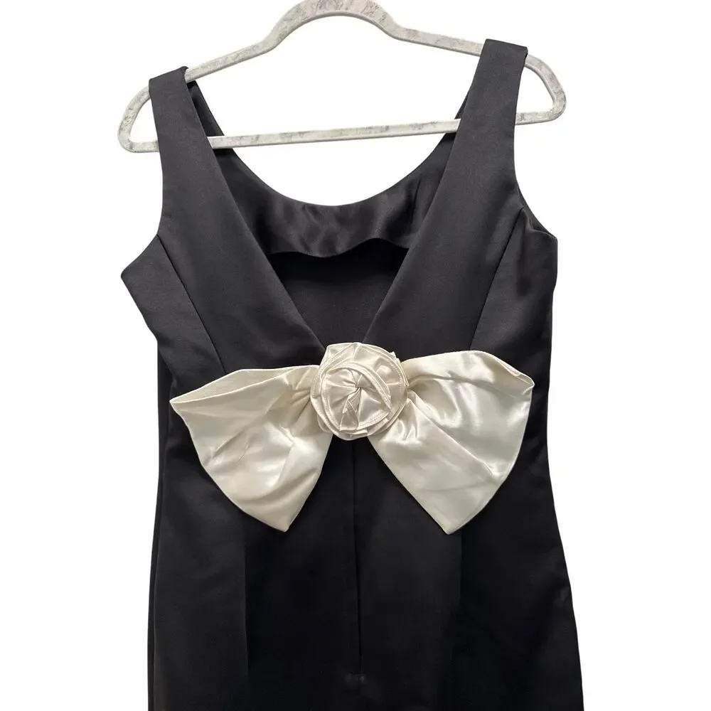 Vintage 80s Gunne Sax Black Maxi Revenge Dress White Bow V-Back Size 10 - Picture 2 of 10